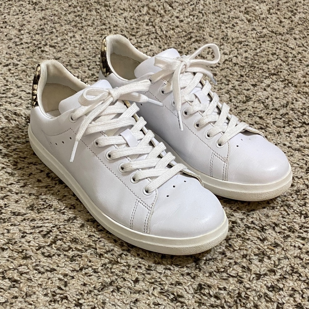Tory Burch white leather tennis shoes w/ snake skin detailed heel tab worn twice